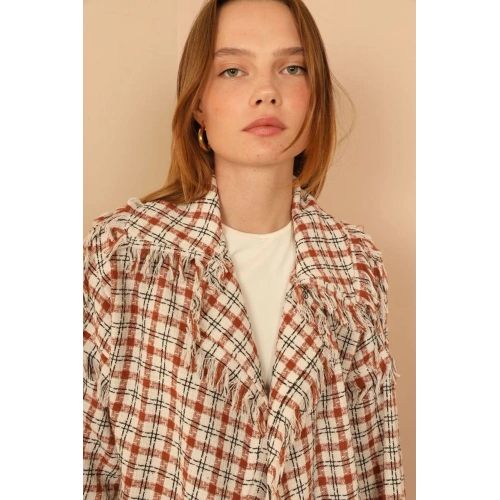 Tüvit Kumaş Uzun Kol Basen Boy Bol Kalıp Kadın Ceket-Taba