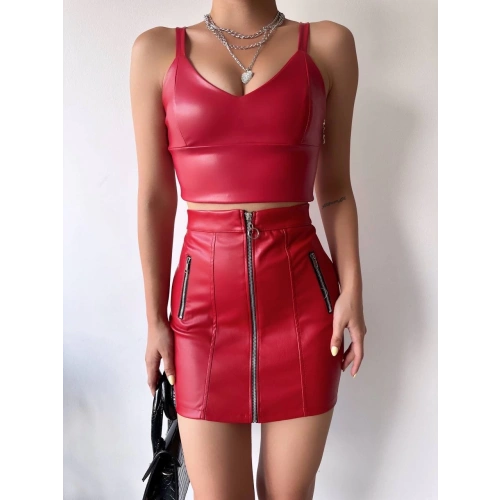 Üç fermuarlı deri etek bordo s24510