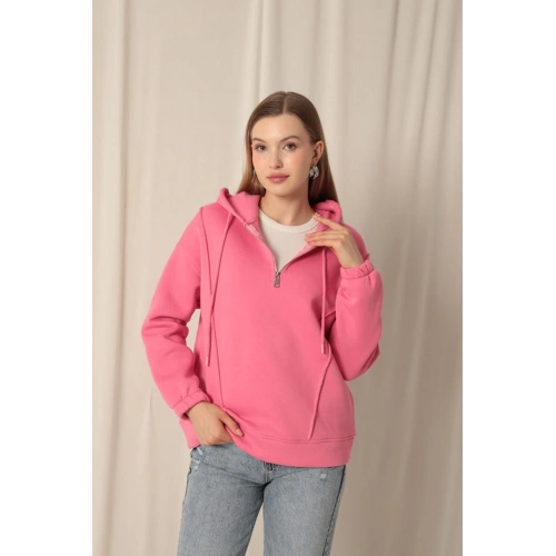 Üç İplik Kumaş Fermuarlı Kadın Pembe Sweat