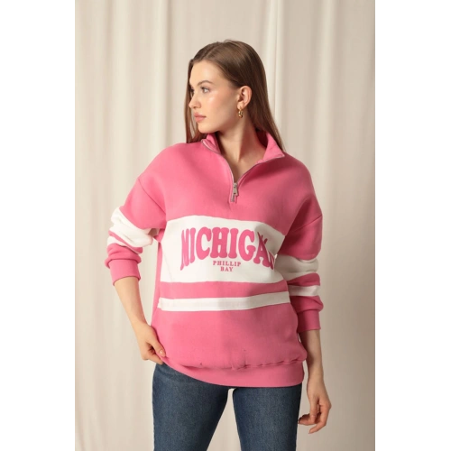 Üç İplik Michigan Baskılı Fermuarlı Kadın Pembe Sweat
