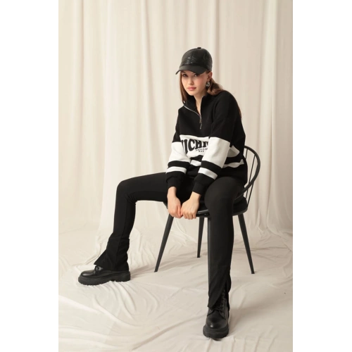 Üç İplik Michigan Baskılı Fermuarlı Kadın Siyah Sweat