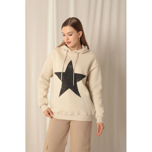 Üç İplik Yıldız Baskılı Kapüşonlu Kadın Bej Sweat