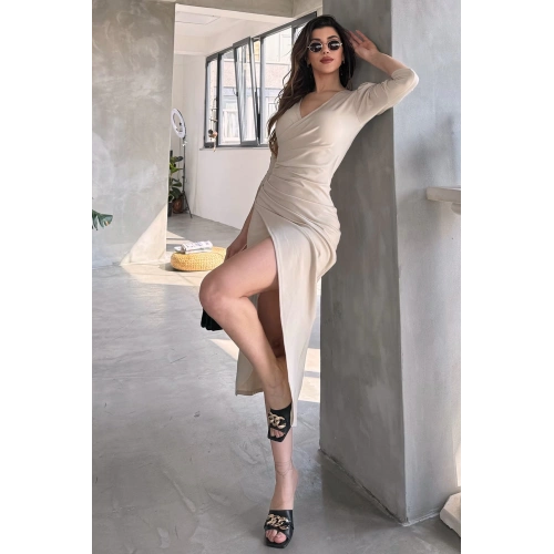 V Yaka Anvelop Etek Midi Boy Dalgıç Elbise