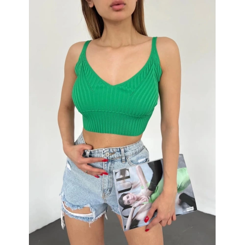 V Yaka Askılı Crop Triko Büstiyer Yeşil - DF2202