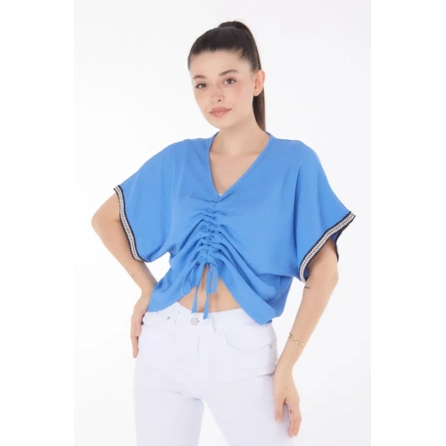 V yaka büzgülü detaylı bluz