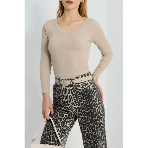 V yaka kaşkorse bluz bej a3699