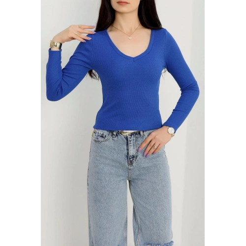 V yaka kaşkorse bluz saks mavisi a3699