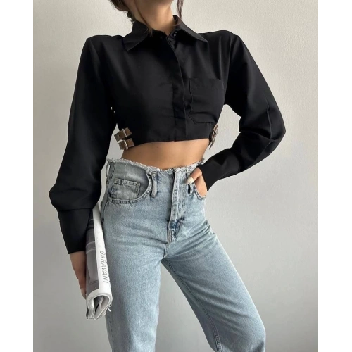 Yanı kemer detaylı crop gömlek siyah s4009