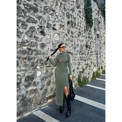 Yırtmaçlı kalın bürümcük uzun elbise Yeşil