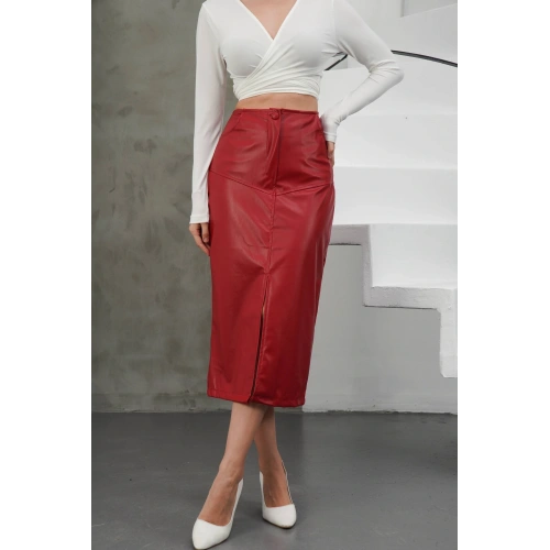 Yırtmaçlı uzun deri etek bordo