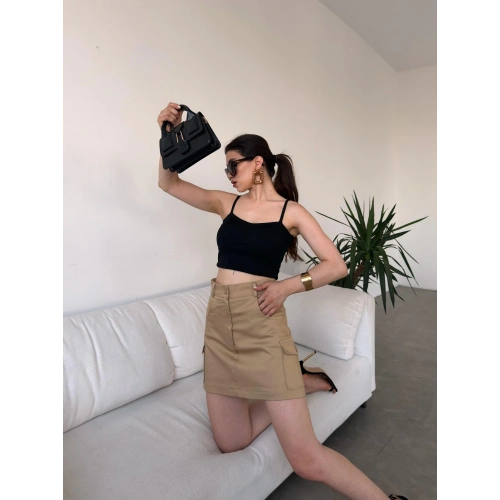 Yüksek Bel Cep Detaylı Gabardin Şort Etek