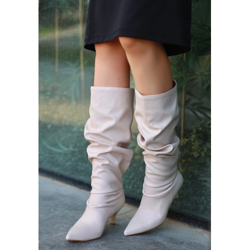 Zelya Bej Cilt Topuklu Çizme