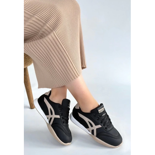 Zlay Siyah Cilt Bej Detaylı Bağcıklı Spor Ayakkabı