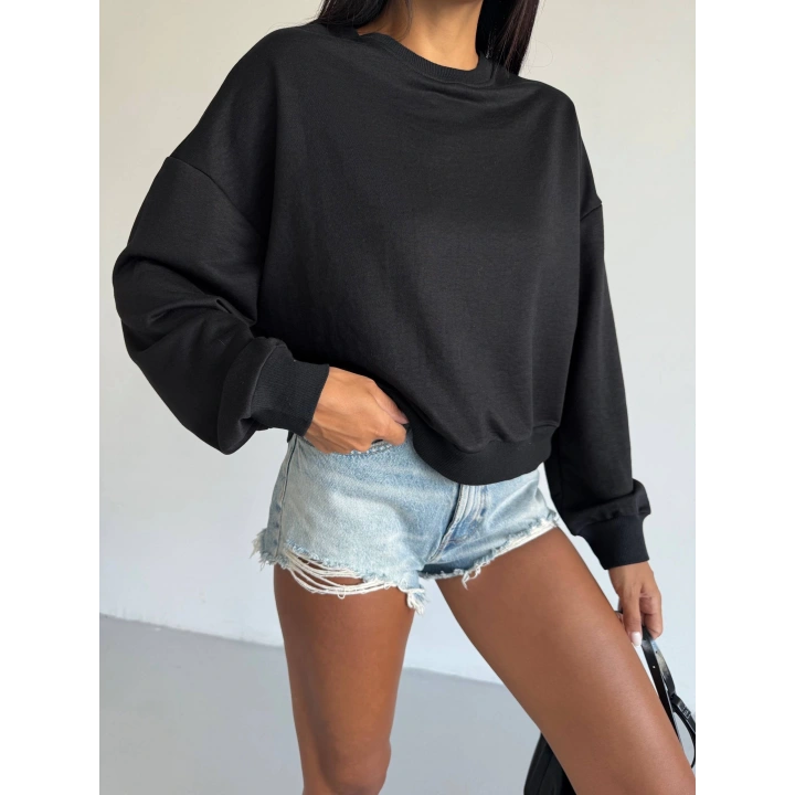 2 iplik bisiklet yaka sweat siyah f2339