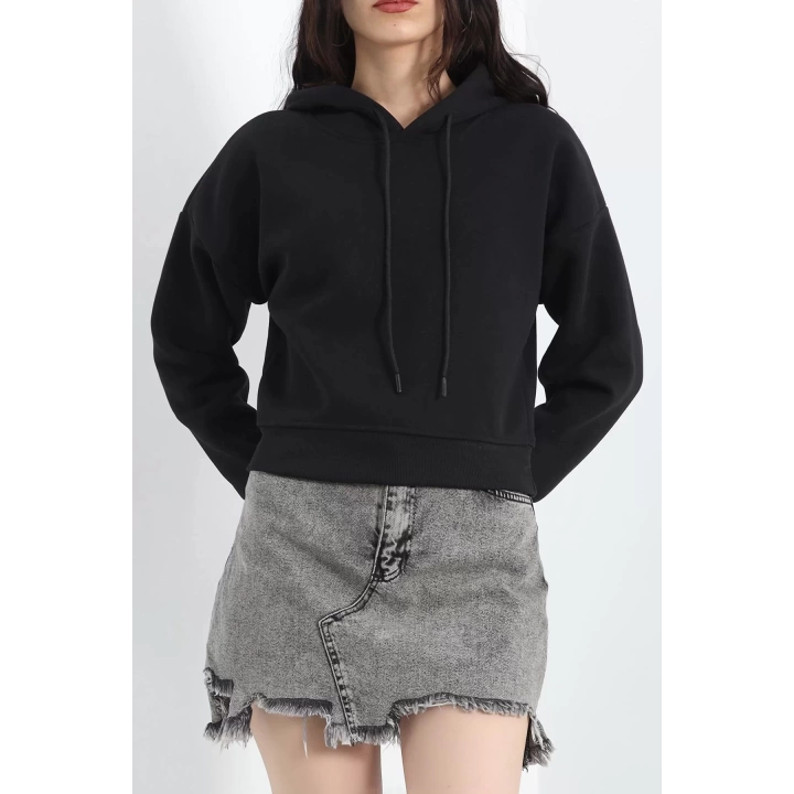 3 İplik Kapşonlu Crop Sweat Siyah - 20959.1878.