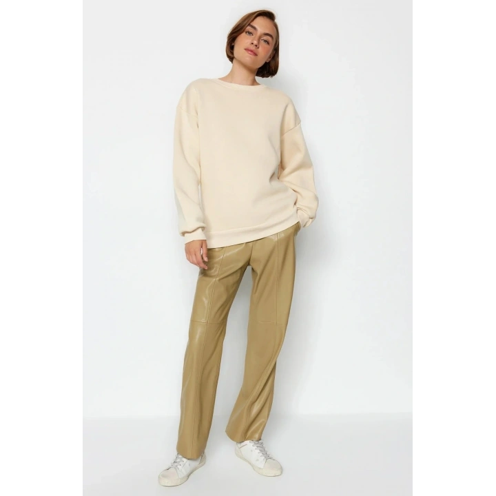 3 iplik şardonlu bisiklet yaka sweatshirt bej