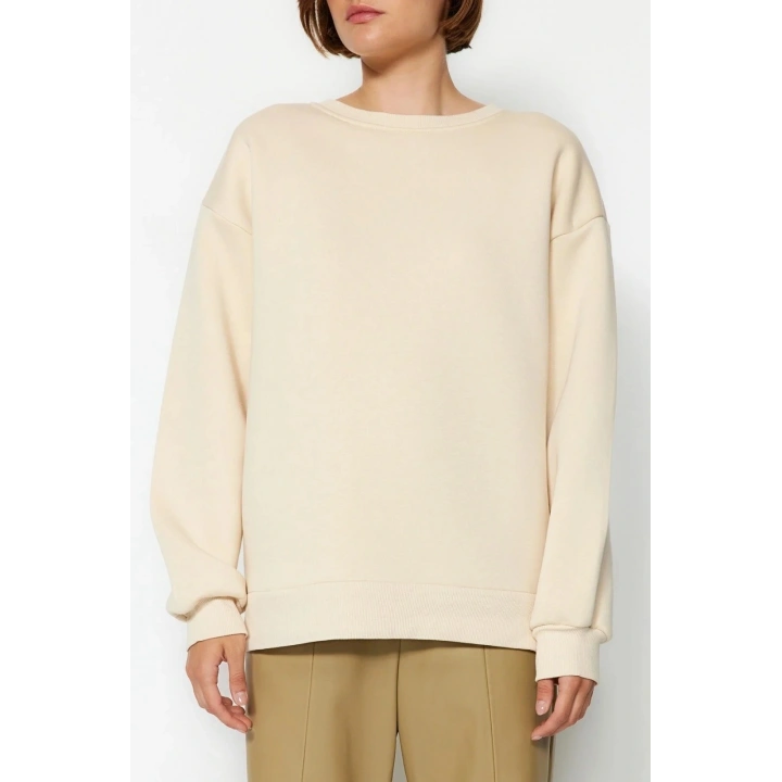 3 iplik şardonlu bisiklet yaka sweatshirt bej