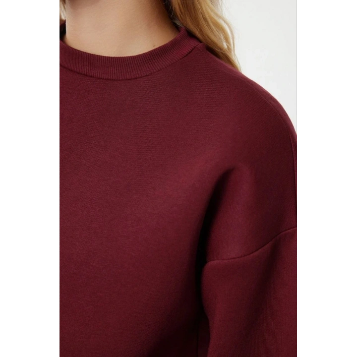 3 iplik şardonlu bisiklet yaka sweatshirt bordo