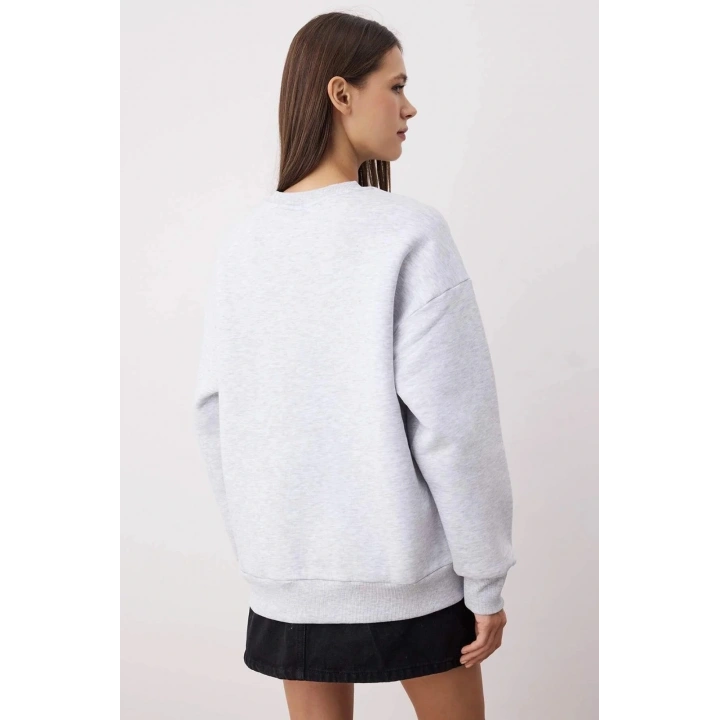 3 iplik şardonlu bisiklet yaka sweatshirt gri