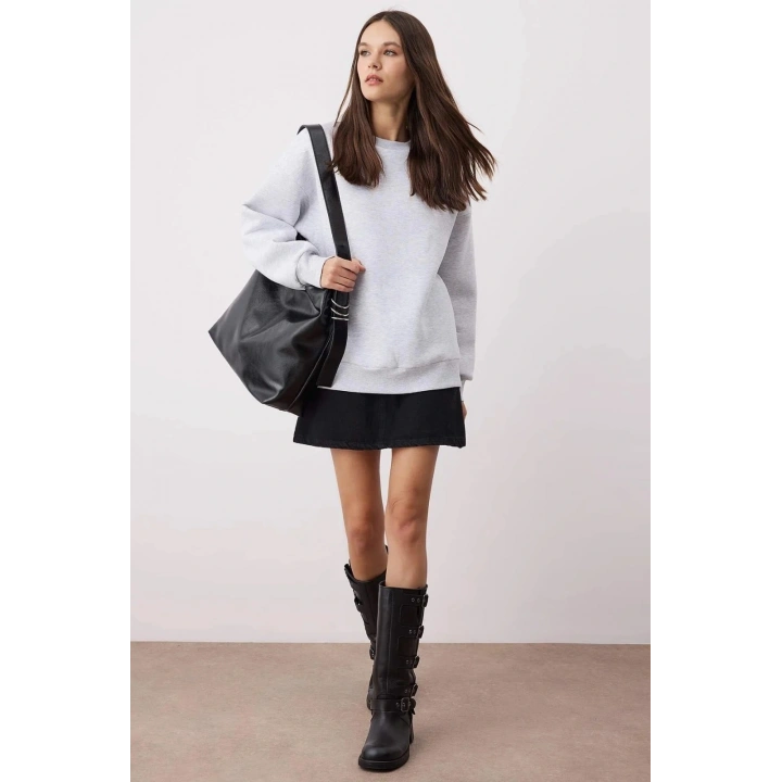 3 iplik şardonlu bisiklet yaka sweatshirt gri