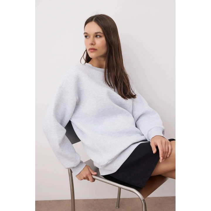 3 iplik şardonlu bisiklet yaka sweatshirt gri