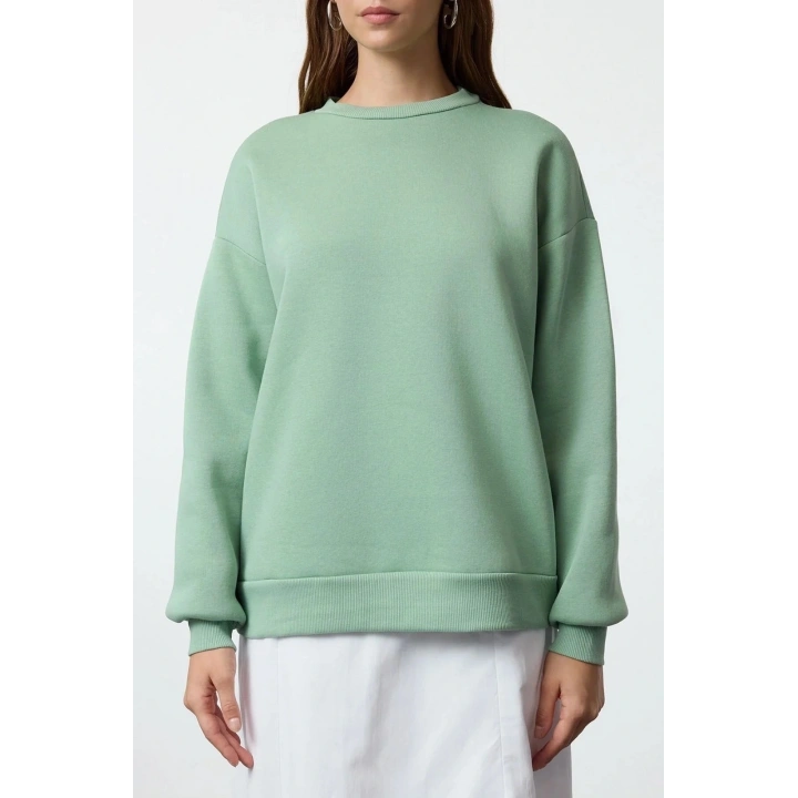 3 iplik şardonlu bisiklet yaka sweatshirt mint