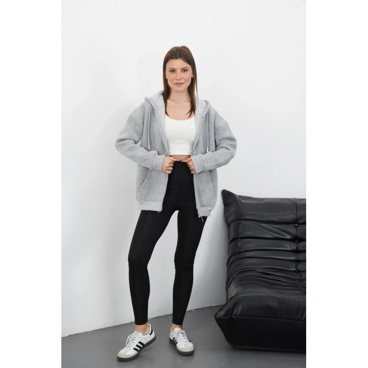 3 iplik şardonlu fermuarlı kapşonlu hırka gri