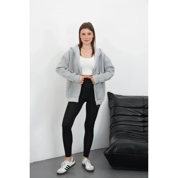 3 iplik şardonlu fermuarlı kapşonlu hırka gri