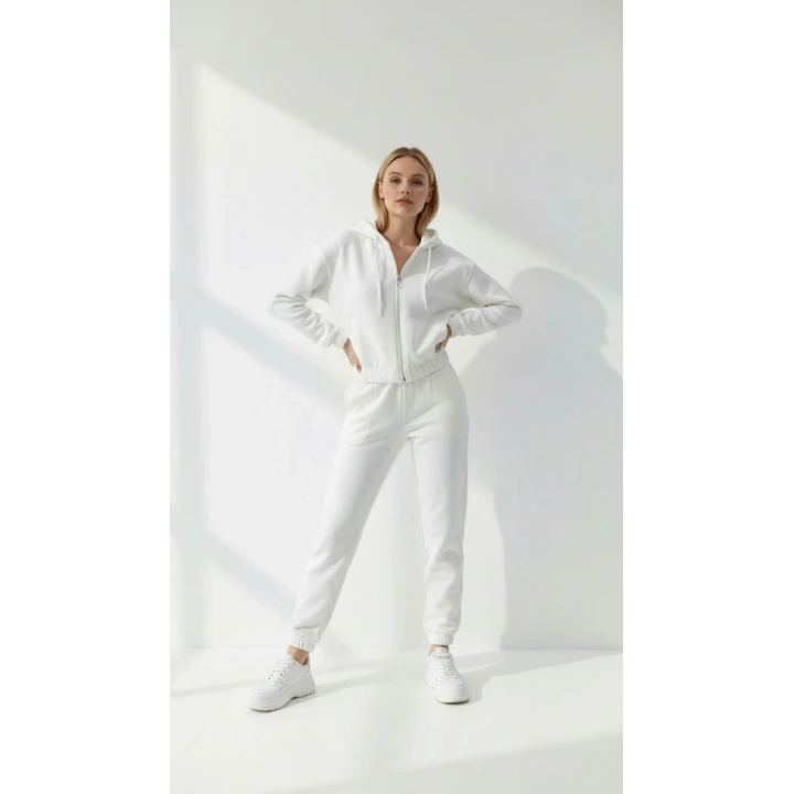 3 iplik şardonlu Kapşonlu fermuarlı kısa üst beyaz pat8590