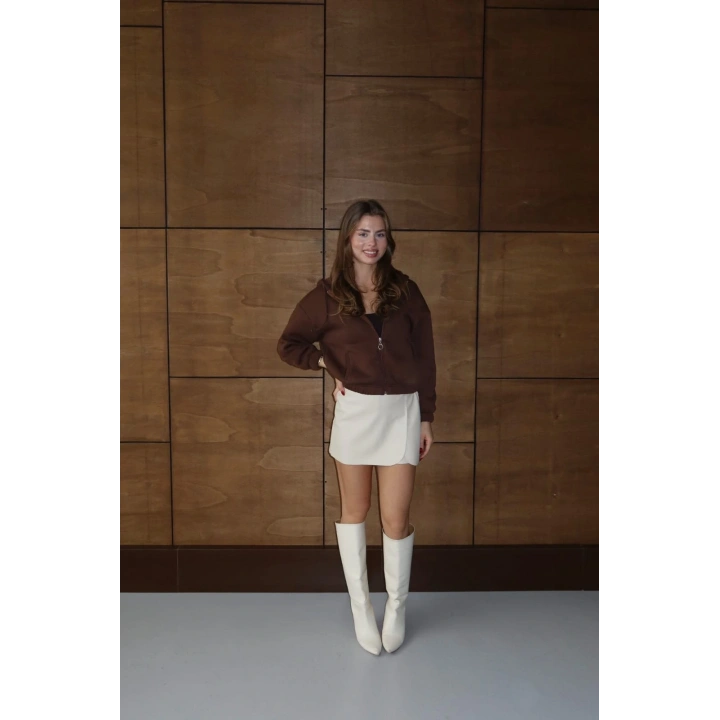 3 iplik şardonlu Kapşonlu fermuarlı kısa üst kahve pat8590