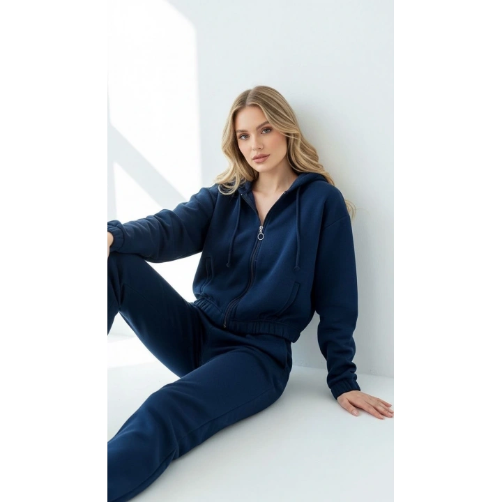 3 iplik şardonlu Kapşonlu fermuarlı kısa üst lacivert pat8590