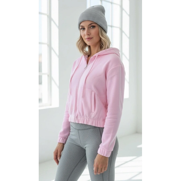 3 iplik şardonlu Kapşonlu fermuarlı kısa üst pembe pat8590