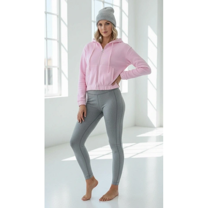 3 iplik şardonlu Kapşonlu fermuarlı kısa üst pembe pat8590