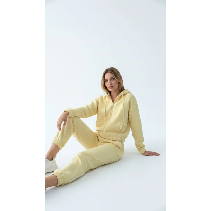 3 iplik şardonlu Kapşonlu fermuarlı kısa üst sarı pat8590