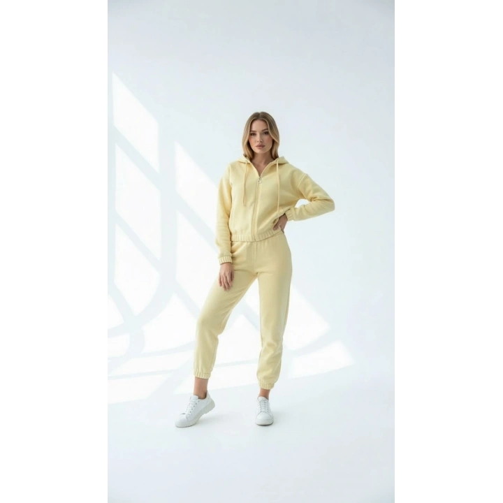 3 iplik şardonlu Kapşonlu fermuarlı kısa üst sarı pat8590