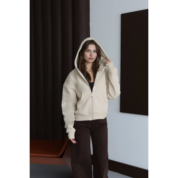 3 iplik şardonlu kapşonlu hoodie frm bej p510437