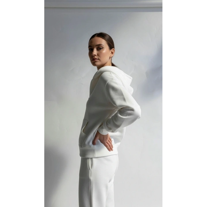 3 iplik şardonlu kapşonlu hoodie frm beyaz p510437