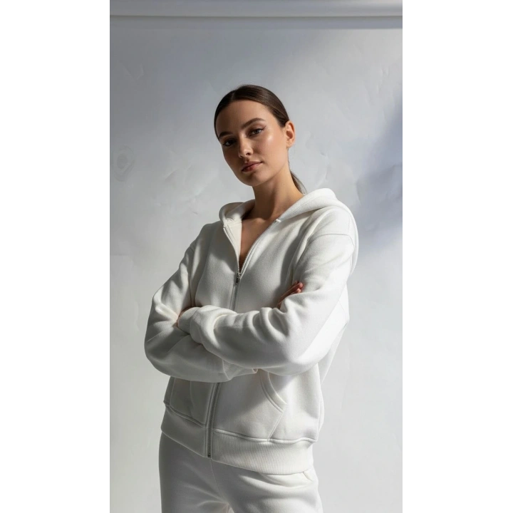 3 iplik şardonlu kapşonlu hoodie frm beyaz p510437