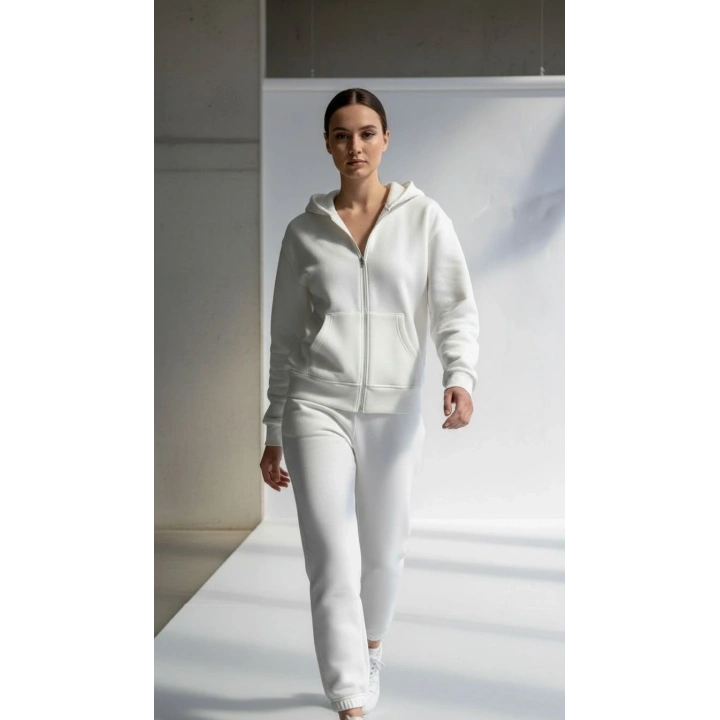 3 iplik şardonlu kapşonlu hoodie frm beyaz p510437