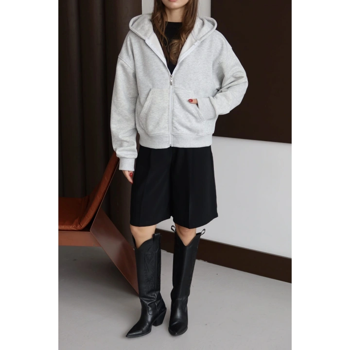 3 iplik şardonlu kapşonlu hoodie frm gri p510437