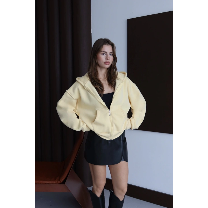 3 iplik şardonlu kapşonlu hoodie frm sarı p510437