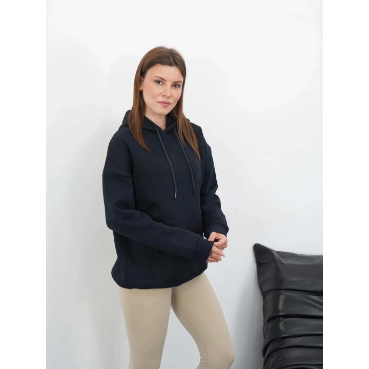 3 iplik şardonlu kapşonlu swetshirt lacivert md63