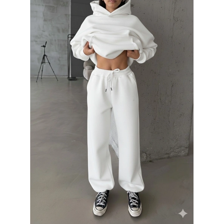 3 iplik şardonlu Lastik paça eşofman beyaz p510439