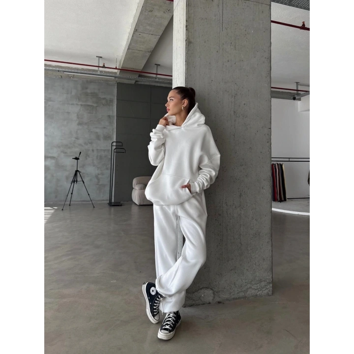 3 iplik şardonlu Lastik paça eşofman beyaz p510439