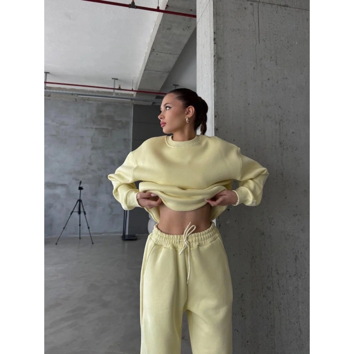 3 iplik şardonlu Lastik paça eşofman sarı p510439