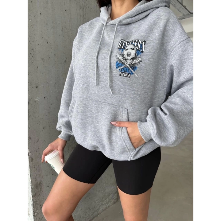 3 iplik şardonlu oversize compact kafa baskılı sweat gri