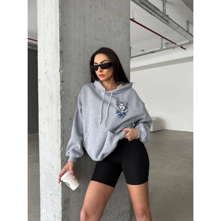3 iplik şardonlu oversize compact kafa baskılı sweat gri