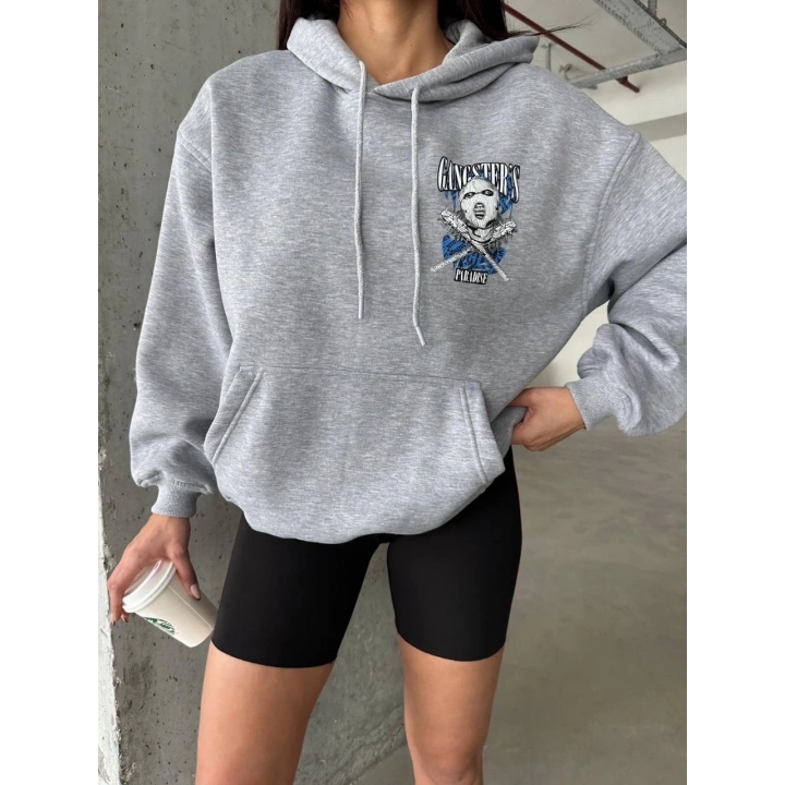 3 iplik şardonlu oversize compact kafa baskılı sweat gri
