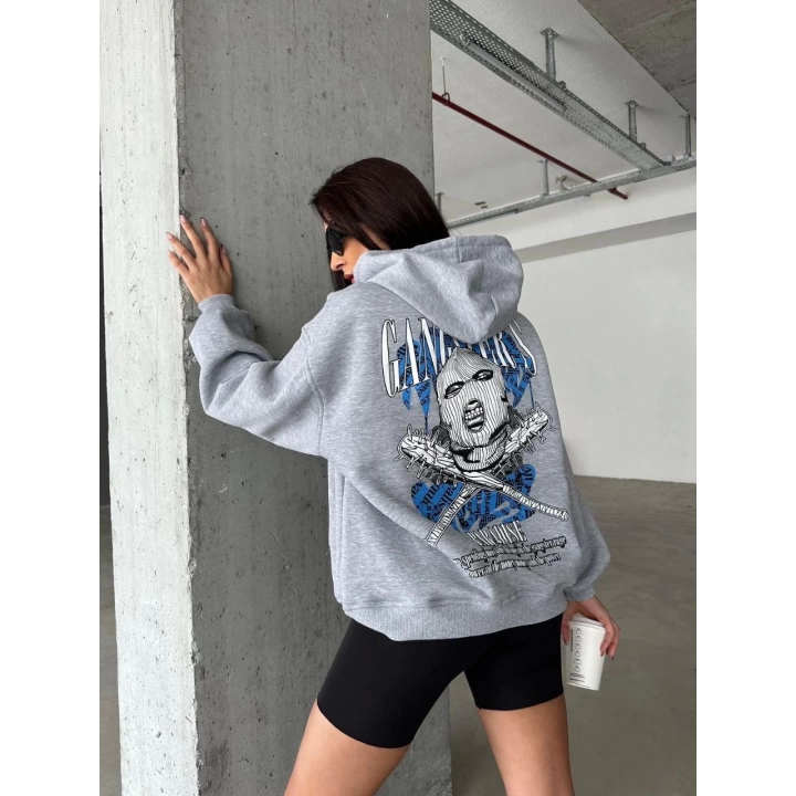 3 iplik şardonlu oversize compact kafa baskılı sweat gri