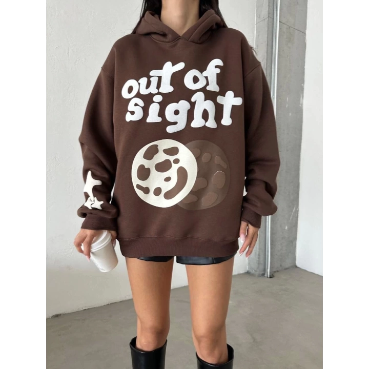 3 iplik şardonlu oversize compact out of baskılı sweat kahve